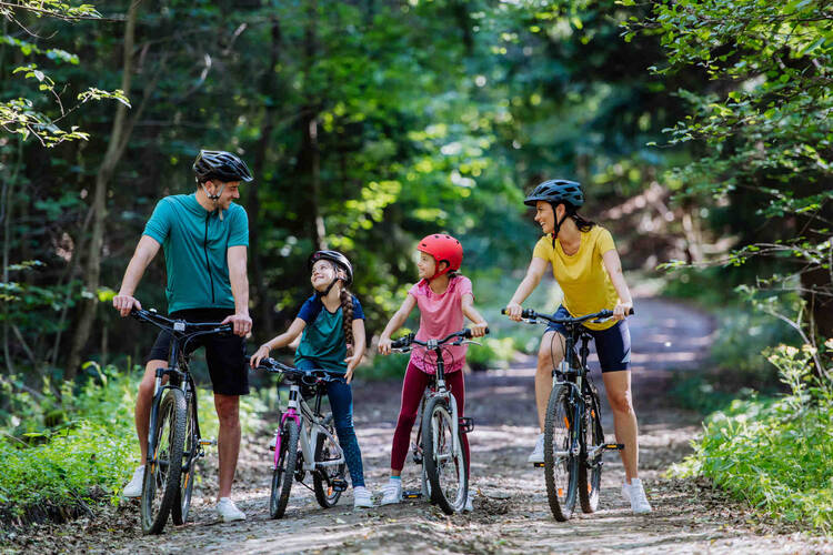 Familie mit Kindern steht mit Fahrrädern im Wald.