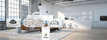 Loft-Darstellung im Vordergrund eine Cloud mit Smart Home-Markennamen verkettet mit dem KNX- und Enocean-Logo. Per Smartphone besteuertes iHaus