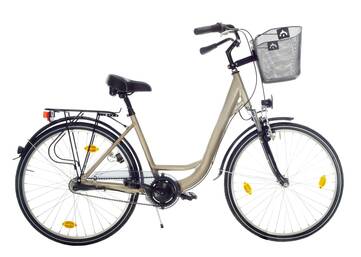 Beiges City-Bike mit Fahrradkorb vorne auf weißem Hintergrund 