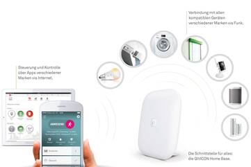 Qivicon Home Base steuert smarte Geräte wie z. B. Licht, Thermostat, Waschmaschine, Rolladen, Überwachungskamera per Smartphone App oder Tablet App