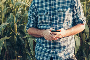Person mit Hemd hält Smartphone in den Händen