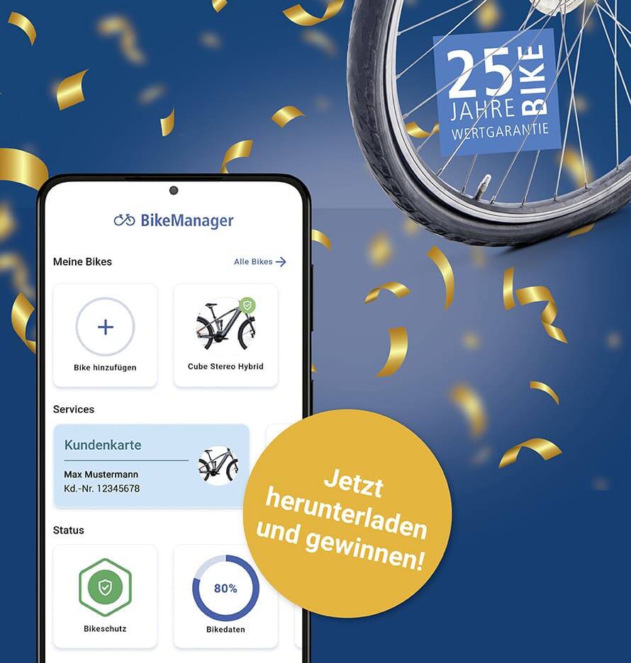 Abbildung der BikeManager App mit Konfetti