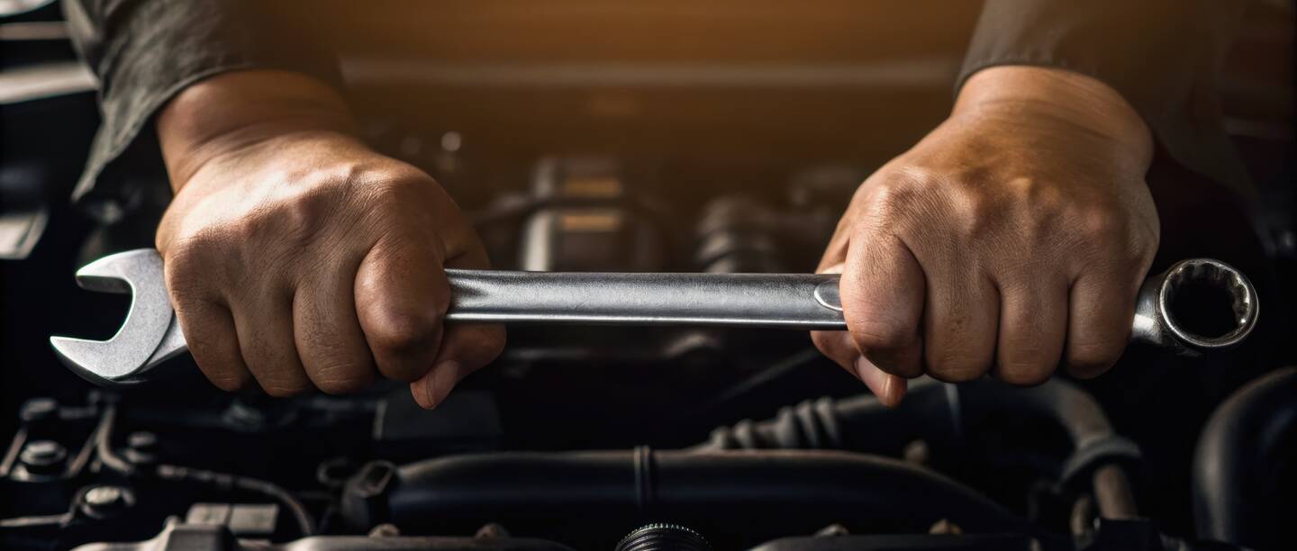 Motorraum Auto mit Schraubenschlüssel in der Hand