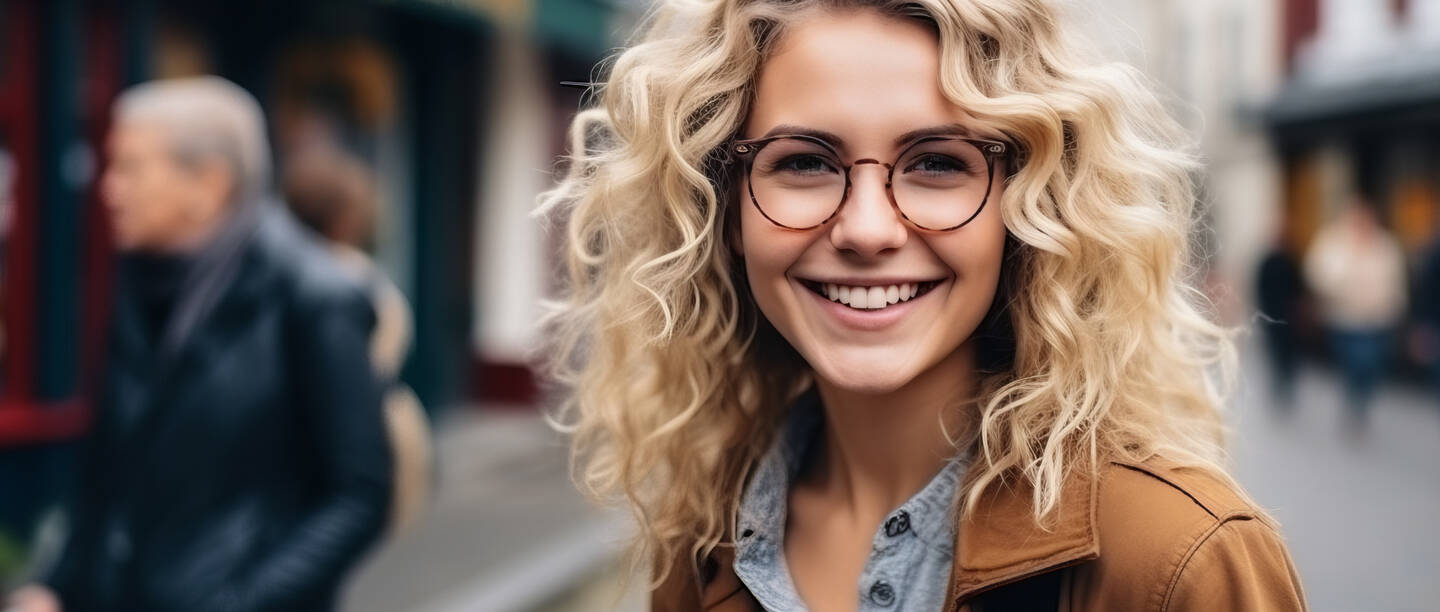Eine junge Frau mit blonden Locken und Brille lächelt frontal in die Kamera