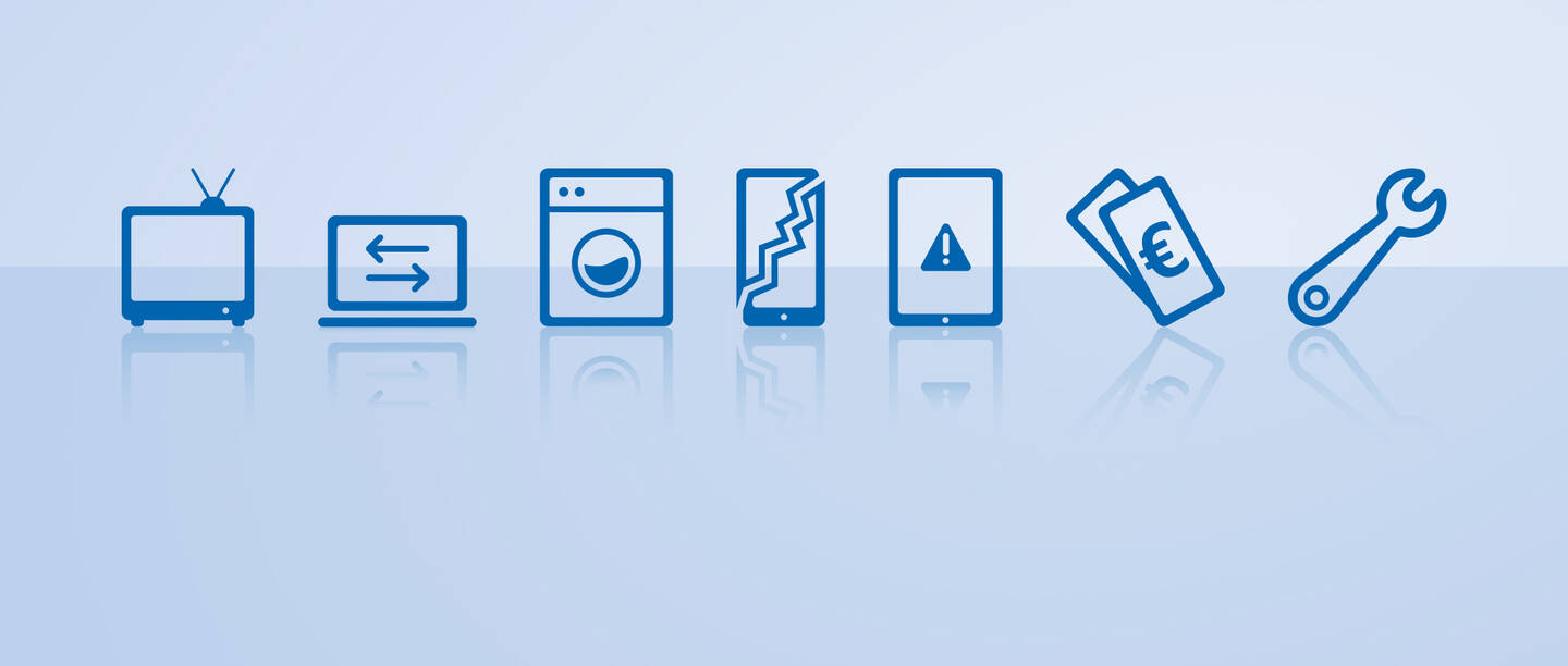hellblauer Hintergrund mit Icons von elektrischen Geräten
