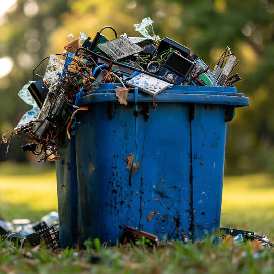 Auf einer Wiese steht eine Kiste mit Elektromüll.