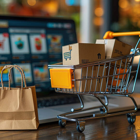 Auf der Tastatur von einem Laptop steht ein Mini-Einkaufswagen.