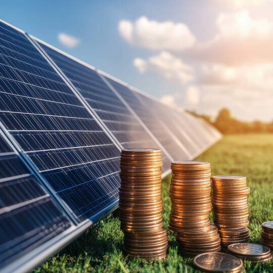 Vor einer Solaranlage liegen ein paar Geldmünzen gestapelt. 