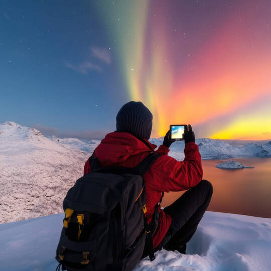 Ein Mann fotografiert die Nordlichter mit seinem Handy. 