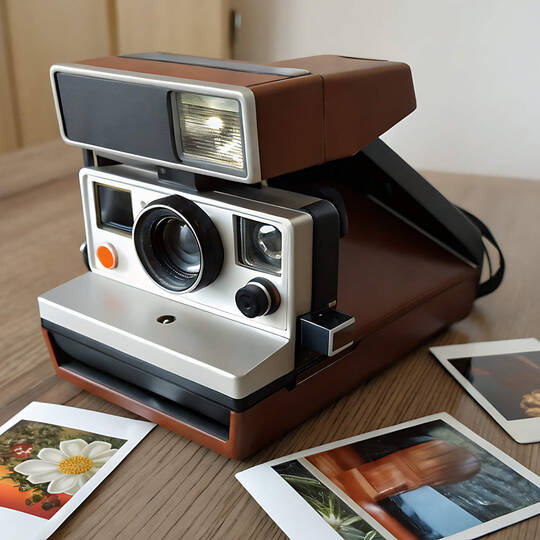 Eine Sofortbildkamera steht auf dem Tisch und um sie herum liegen einige geschossene und ausgedruckte Bilder.