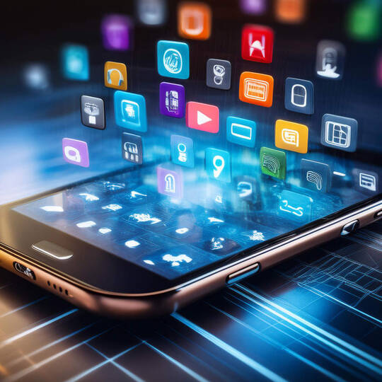 Über dem Display eines Smartphones schweben unterschiedlichste App-Icons.