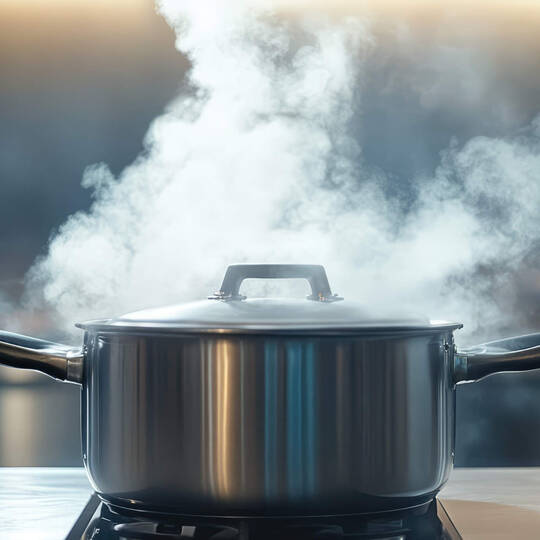 Ein Kochtopf steht auf einer Herdplatte und dampft ziemlich heftig.
