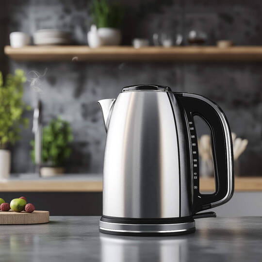 Ein Wasserkocher steht auf einer Arbeitsplatte in der Küche.