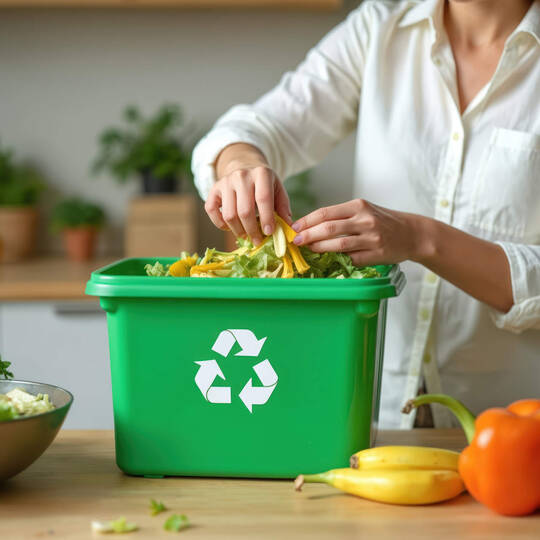 Eine Frau hantiert mit Lebensmitteln und entsorgt Reste in einem Recycling-Behälter.