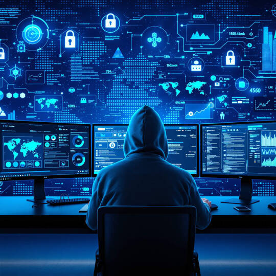 Ein dunkel gekleideter Hacker sitzt geheimnisvoll vor einigen Computerbildschirmen.