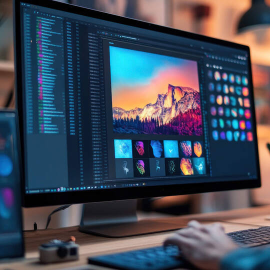 Eine Person bearbeitet Bilder am Computer. 