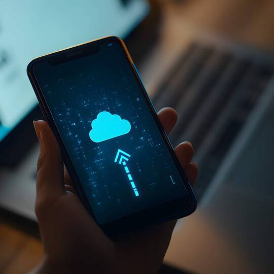 Eine Person lädt Dateien über das Smartphone hoch.
