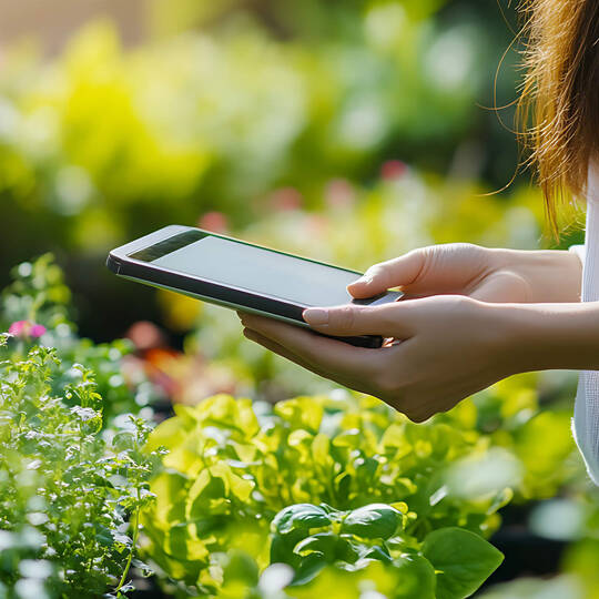 Eine Frau steht im Garten und blickt auf ein Tablet.