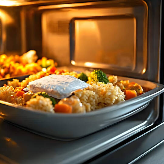 Ein Teller mit Gemüse steht in der Mikrowelle.