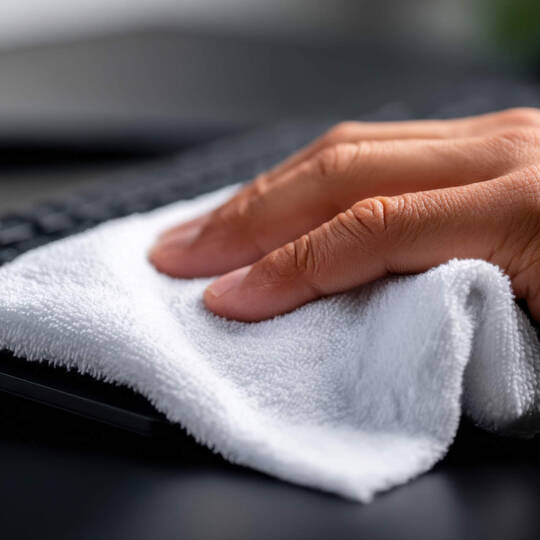 Eine Person wischt mit einem Tuch über die Tastatur.