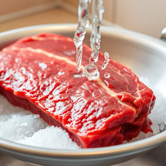 Ein Stück Fleisch wird unter laufendem Wasser aufgetaut.