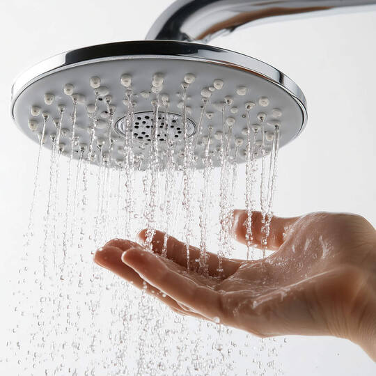 Eine Person hält die Hand unter den laufenden Duschkopf.
