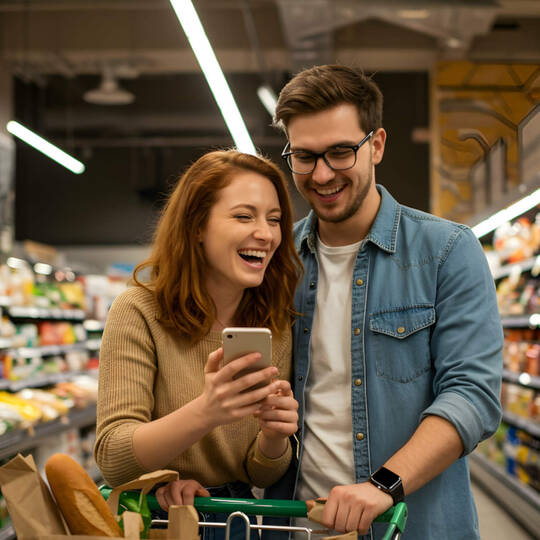 Ein Pärchen steht im Gang eines Supermarkts und blickt aufs Smartphone.