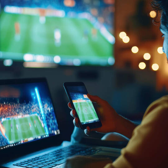 Ein Mann sitzt vor dem Laptop und Fernseher und schaut auf beiden Geräten Fußball.