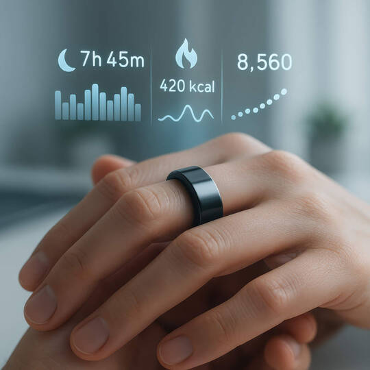 Ein Mann trägt einen smarten Ring über dem verschiedene Gesundheitsdaten virtuell angezeigt werden.