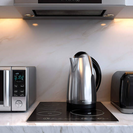 Ein Wasserkocher steht auf dem Herd in einer Küche.