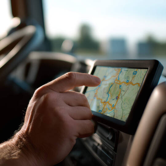 Ein Mann tippt auf dem Display im Auto und gibt eine Adresse ein.