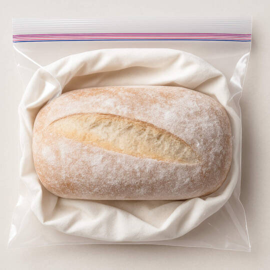 Ein Brotlaib liegt auf einem Gefrierbeutel. 