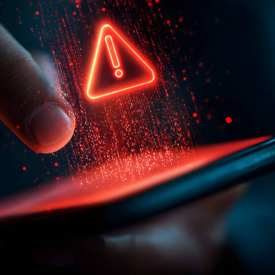Auf einem Smartphone ist ein rotes Warndreieck zu sehen.
