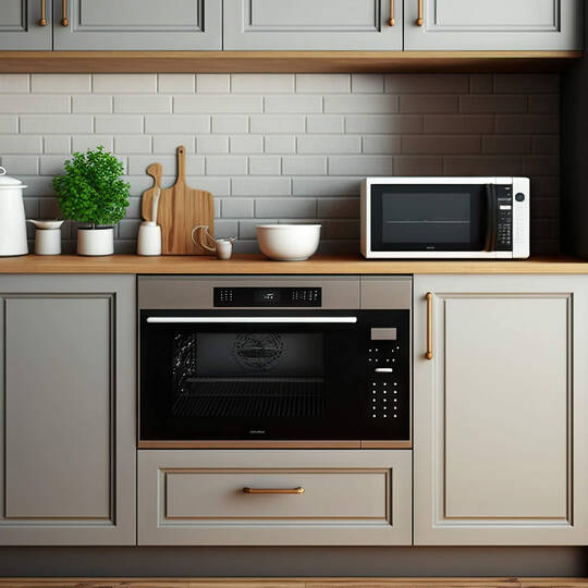 Eine Küche, in der ein Backofen und eine Mikrowelle zu sehen ist.