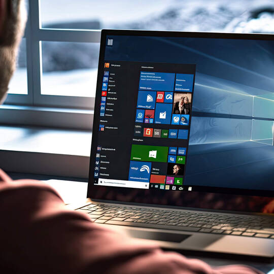 Ein Mann sitzt vor einem Notebook und blickt auf den Windows-Desktop.