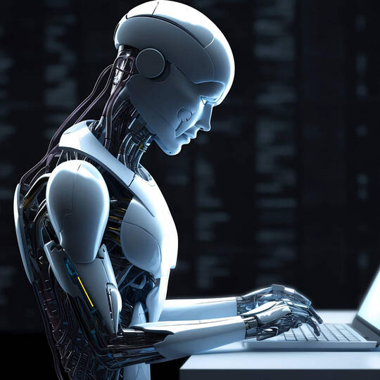 Ein Roboter sitzt vor einem Laptop. 