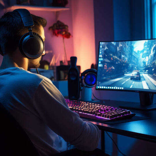 Eine Mann sitzt vor einem Bildschirm und spielt ein Spiel auf seinem PC.