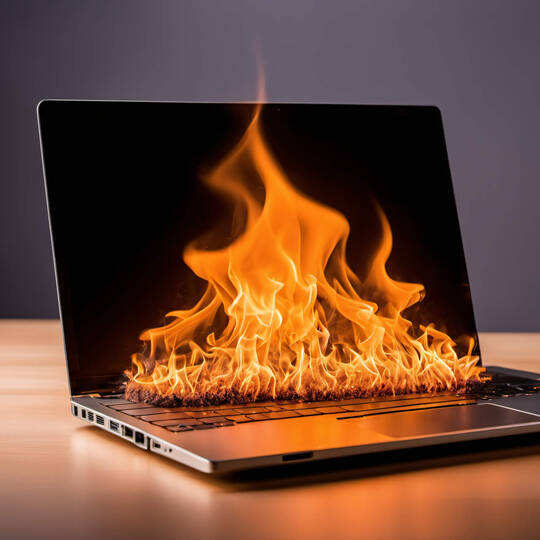 Aus der Tastatur eines Laptops schießen Flammen heraus.