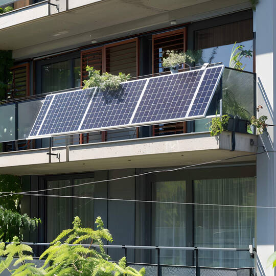 Ein Balkon von einem Haus, auf dem ein Balkonkraftwerk montiert ist.