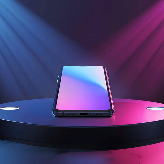 Ein Smartphone liegt auf einer beleuchteten Bühne und wird präsentiert.