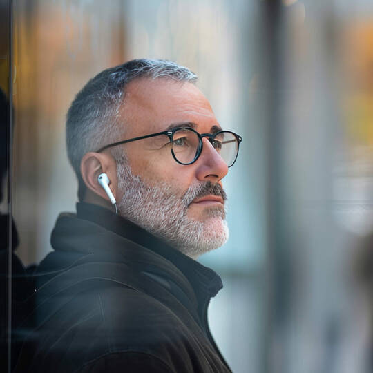 Ein Mann lehnt sich an eine Fensterscheibe und hört dabei Musik über seine AirPods.