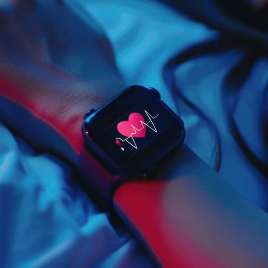Eine Person trägt eine Apple Watch, auf der ein Herz-Symbol zu sehen ist, während sie schläft.