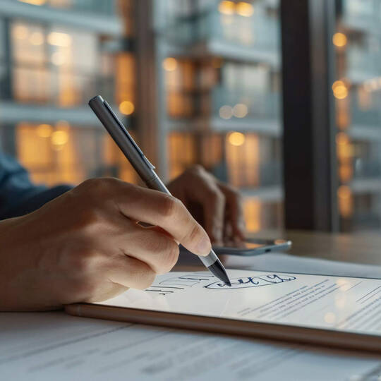 Eine Person signiert ein Dokument auf dem Tablet. 