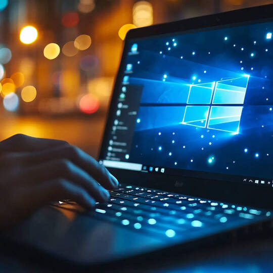 Eine Person sitzt vor Laptop und blickt auf den Windows Desktop.