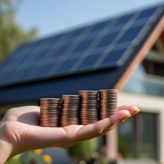 Eine Person hat Bargeld in der Hand. Im Hintergrund ist ein Haus mit PV-Anlage auf dem Dach zu sehen.