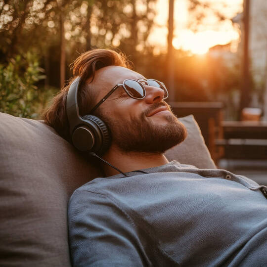 Ein Mann liegt entspannt im Garten und hört über Kopfhörer Musik.