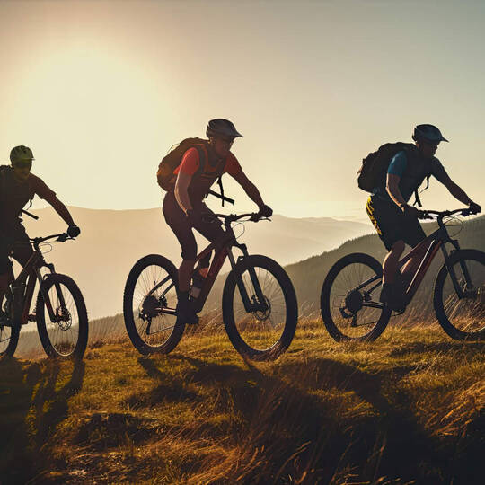 3 Mountainbiker fahren im Sonnenuntergang Berg hoch