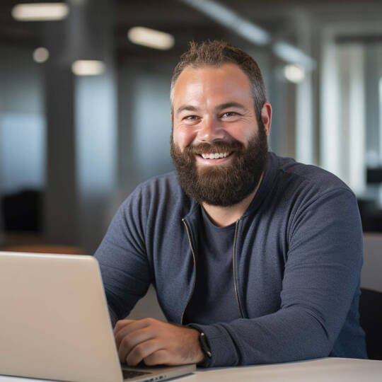 Mann sitzt lächelnd vor Laptop