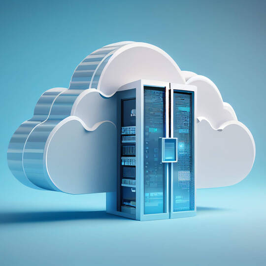 Wolke mit Serverschrank vor blauem Hintergrund