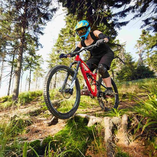 Mann fährt Waldstrecke mit Mountainbike herunter.